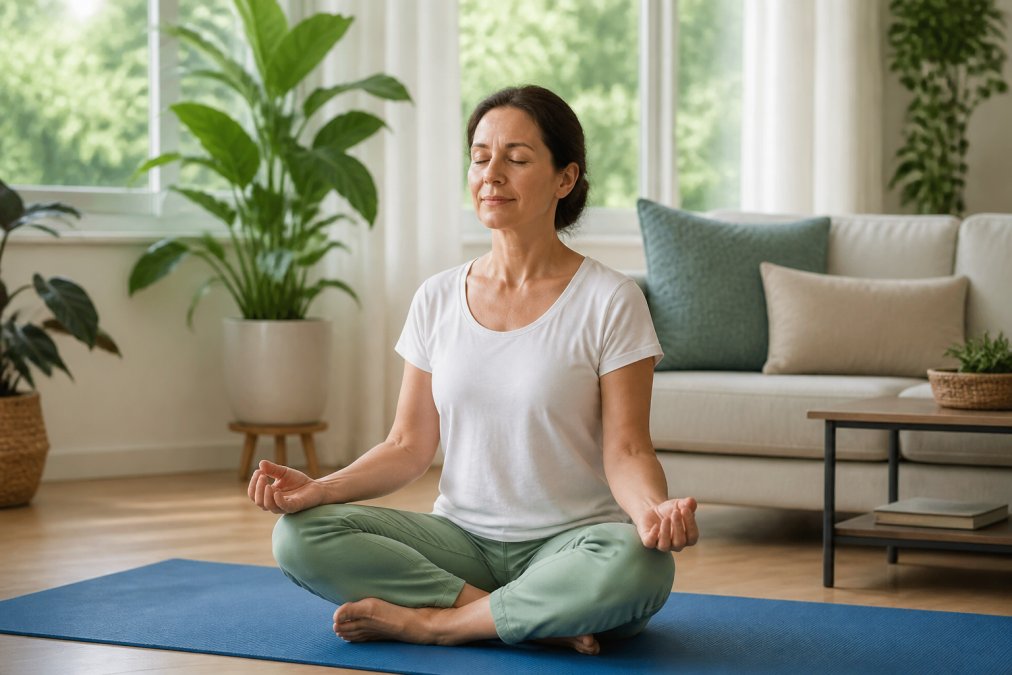 A person in their 40s practicing a gentle seated yoga pose on a blue mat in a sunlit living room with large windows, green houseplants in the background, and a calm, restful expression
