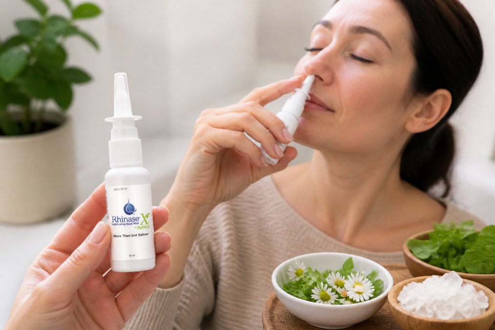 Close-up of hands holding a nasal spray bottle with natural ingredients visible in soft lighting, demonstrating proper application technique