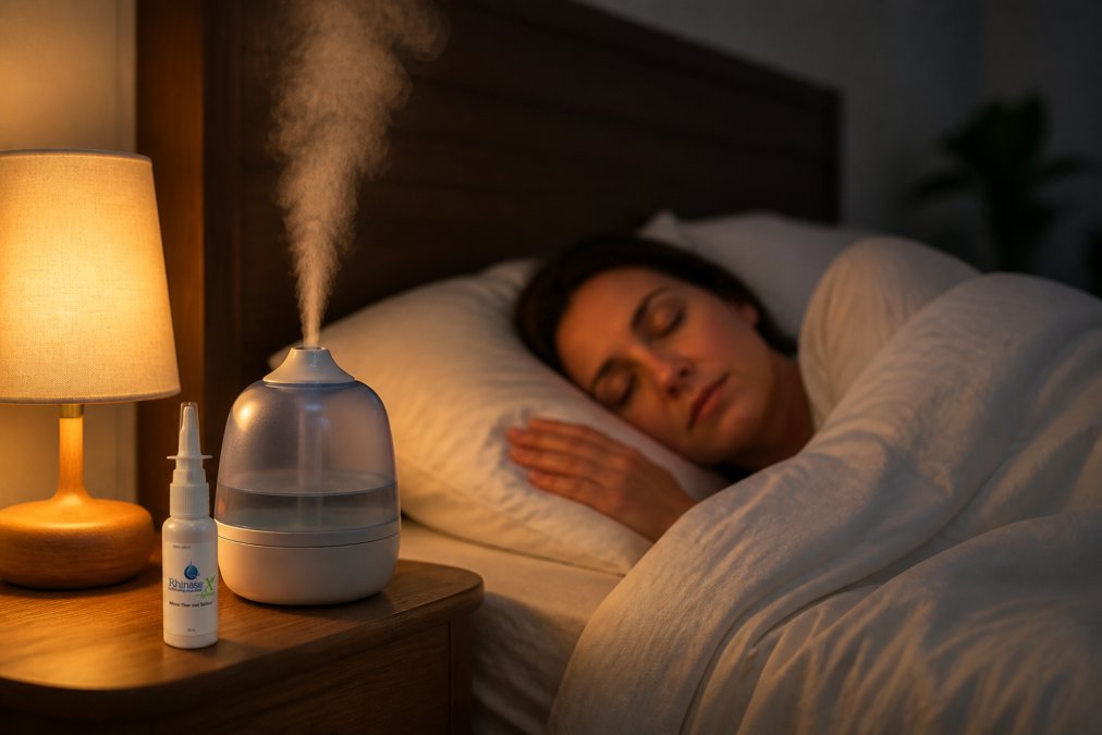 Person using a humidifier in a bedroom at night, with visible mist dispersing gently into the air, creating a peaceful sleep environment