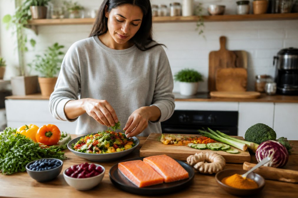 Person preparing a colorful anti-inflammatory meal with salmon and fresh spices as part of natural remedies for pain.