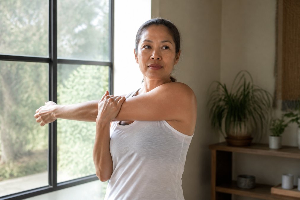 A person in casual athletic clothing performing a gentle cross-body shoulder stretch at home, arm pulled across the chest, soft natural light coming through a large window in the background