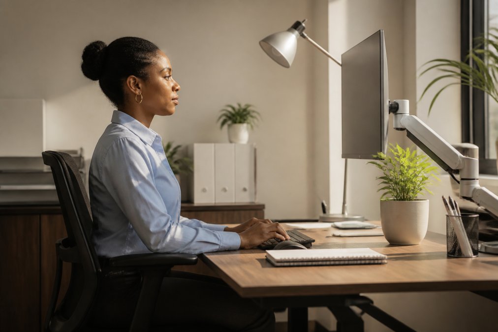 An office worker seated at a well-organized ergonomic desk, monitor positioned at eye level, shoulders visibly relaxed and back straight, warm office lighting with a plant on the desk