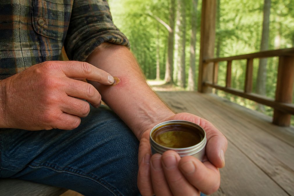 Applying soothing pine tar salve to an itchy, inflamed deer fly bite on a forearm while sitting on a porch