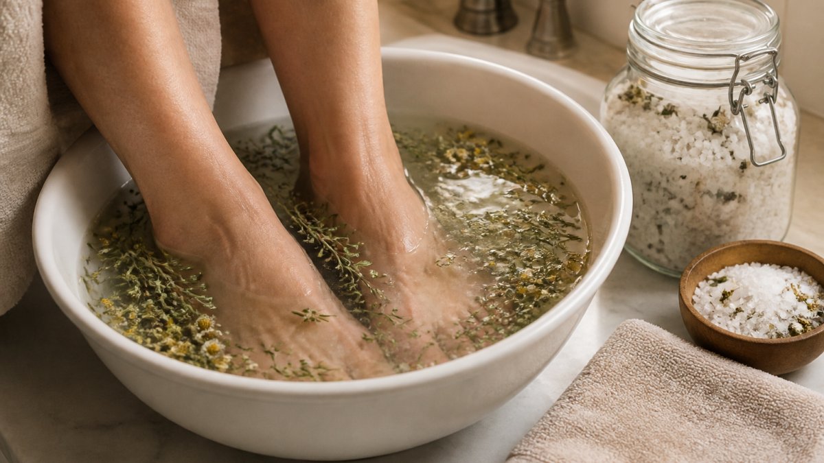 Person soaking their feet in a warm basin with herbal bath salts, chamomile flowers, and rosemary sprigs.