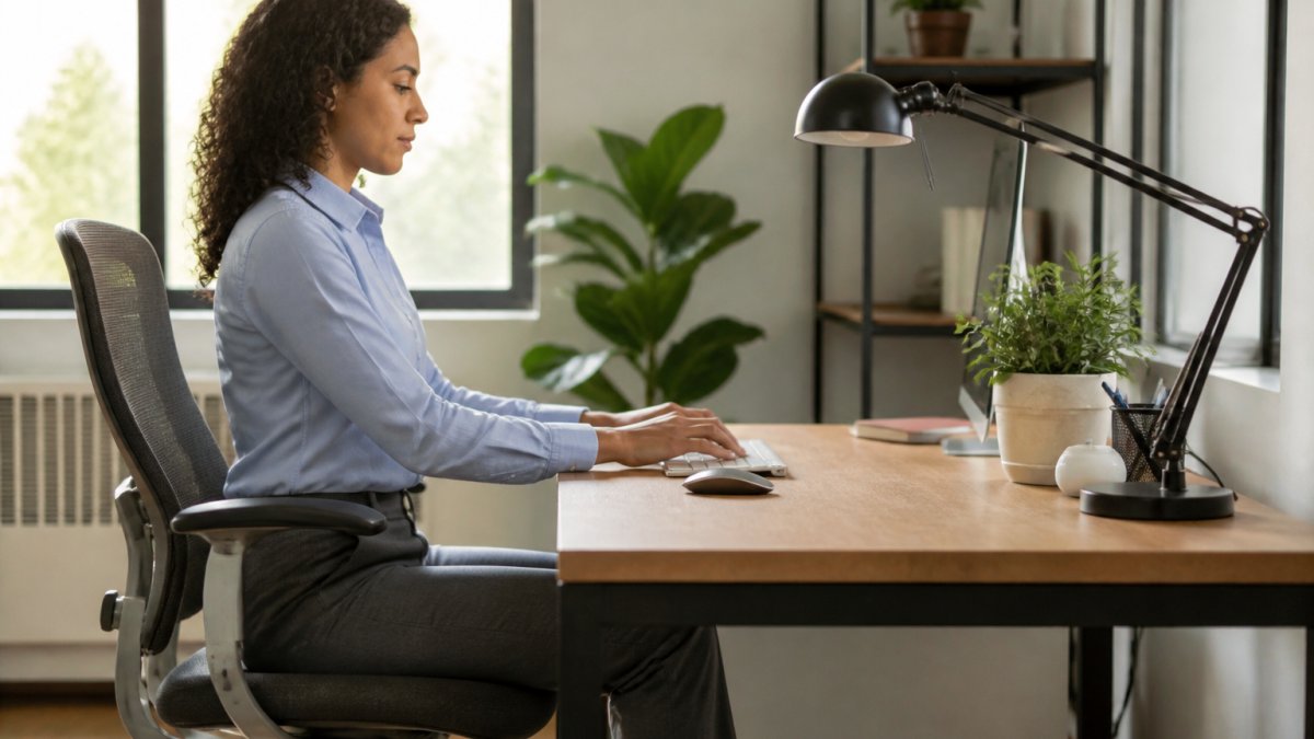 Professional sitting at ergonomic desk with monitor positioned slightly below eye level, proper chair height supporting good posture, natural window lighting supplemented by desk lamp, hands resting on keyboard