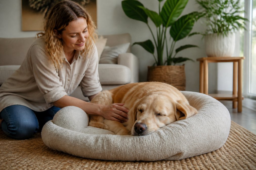 A relaxed dog resting on a cosy bed in a calm room, perfect for natural remedies for dog anxiety support.