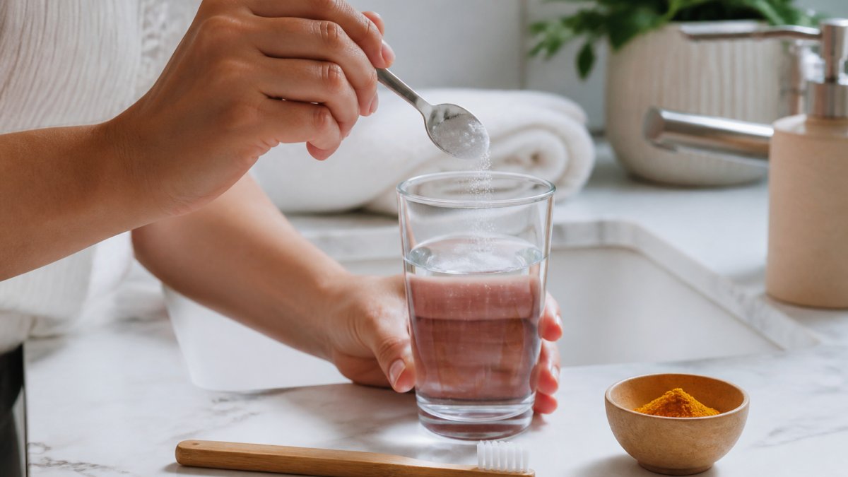 Hands preparing a saltwater rinse in a glass with a soft toothbrush and turmeric on a marble bathroom counter