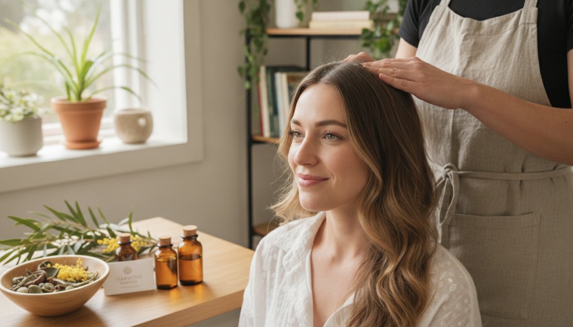 Close-up of hands performing gentle scalp massage technique on the crown area, demonstrating proper finger positioning with light circular motions, natural lighting