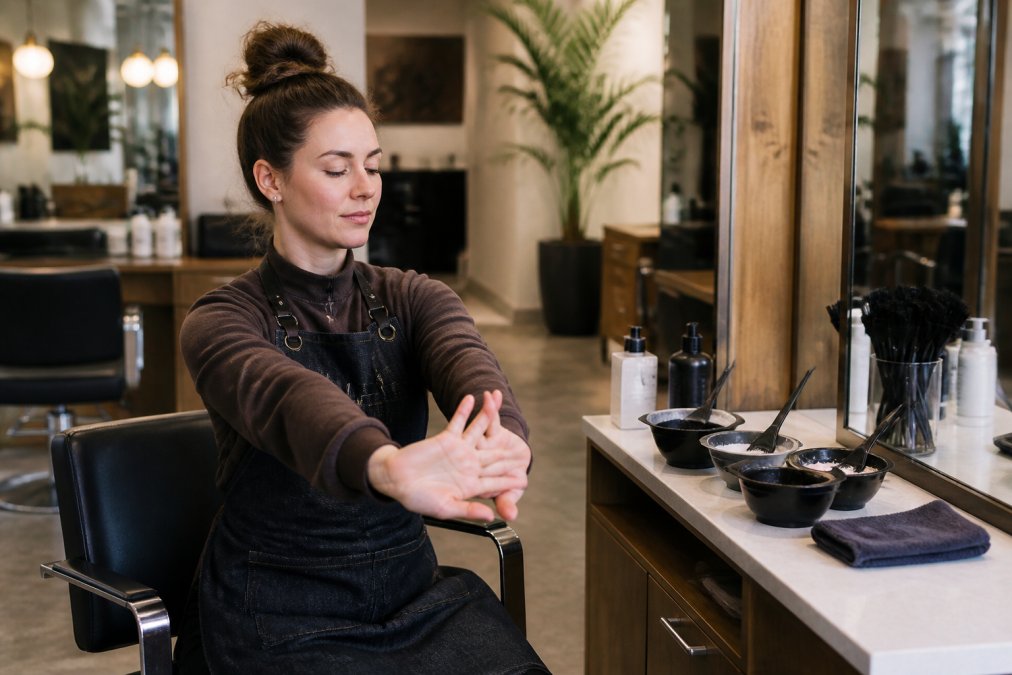 Hair stylist performing wrist and finger stretches to relieve hand fatigue between salon appointments.