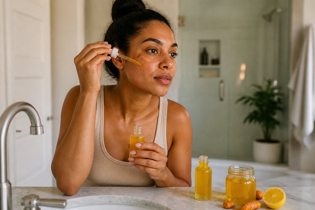 A woman with medium-brown skin applying a turmeric serum to her cheek in a bright bathroom, with a bottle of serum and a jar of turmeric-lemon body oil visible on the marble counter