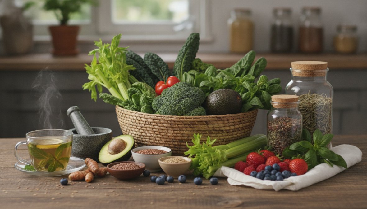 Close-up of colorful hormone-balancing foods including leafy greens, wild-caught salmon, pumpkin seeds, almonds, and fresh vegetables arranged on a wooden cutting board with natural sunlight