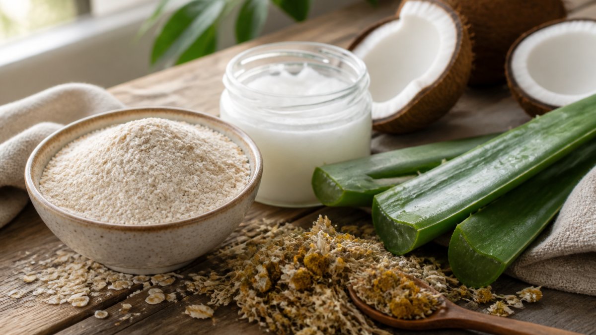 Colloidal oatmeal, aloe vera, and coconut oil arranged on a wooden surface for natural skincare.