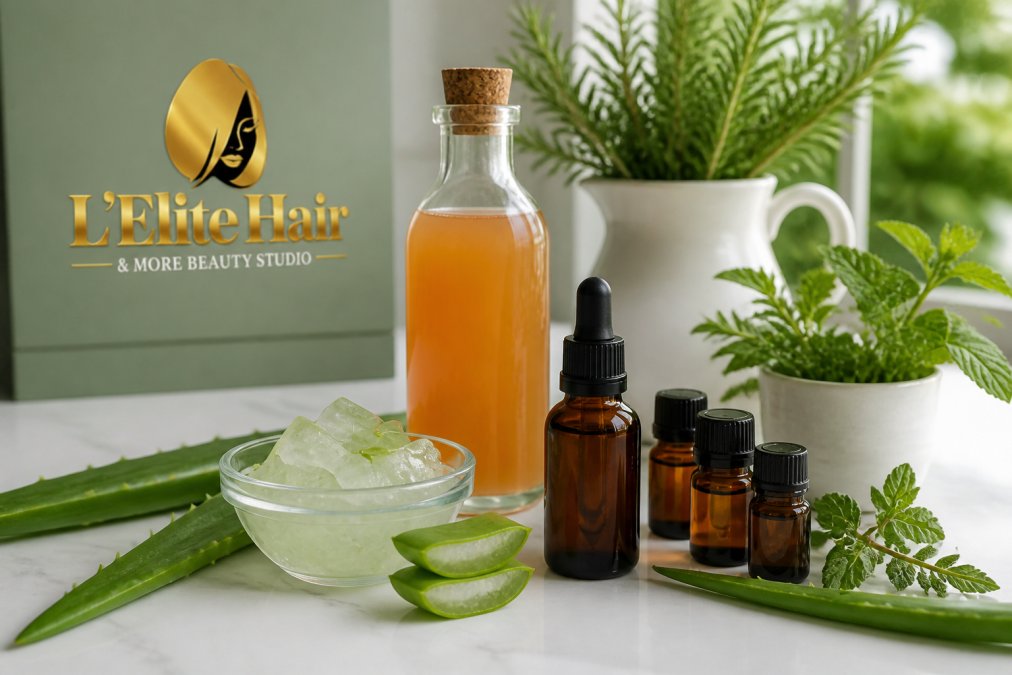 Aloe vera, apple cider vinegar, and essential oils used to soothe itchy scalp inflammation on a white surface