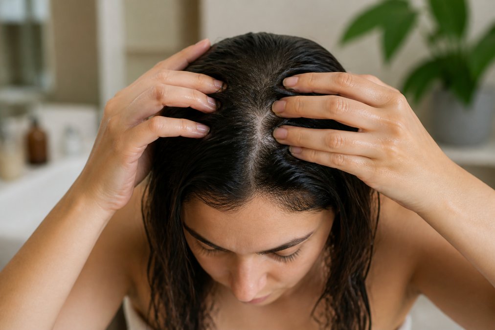 Close-up of hands massaging a small amount of clear oil into a woman's scalp, hair parted to show the application, soft natural bathroom lighting