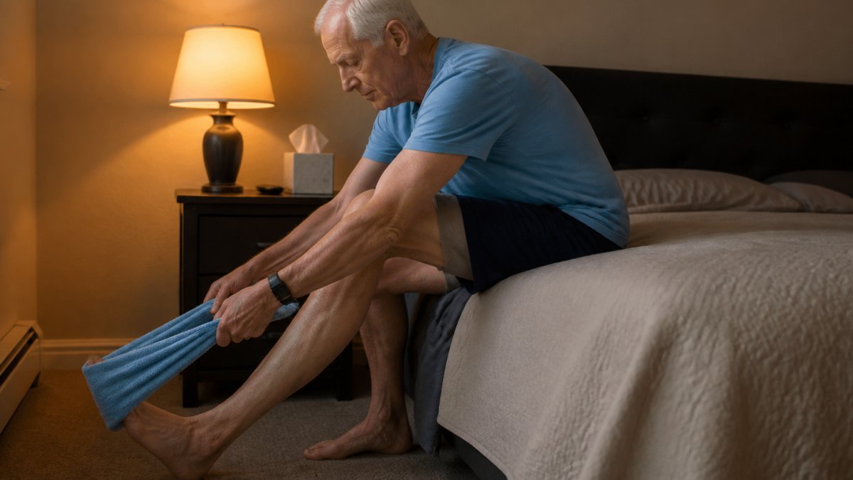 A person in their sixties sitting on the edge of a bed at night, gently pulling their toes toward them with a towel to stretch a calf muscle, soft lamp light in a calm bedroom