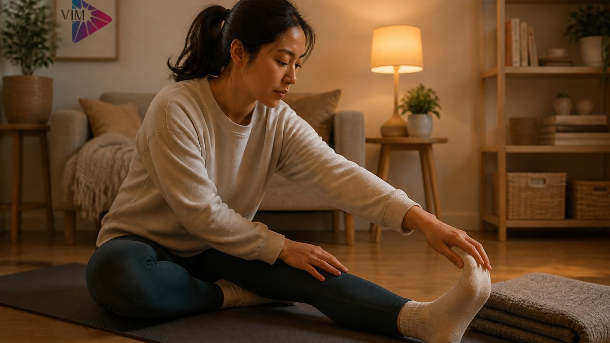 Person in comfortable clothing doing a gentle hamstring stretch on a yoga mat in a cozy living room