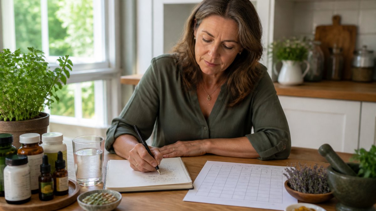 A woman in her early fifties sitting at a sunlit kitchen table with a notebook, pen and a glass of water, writing notes beside a weekly symptom tracker sheet