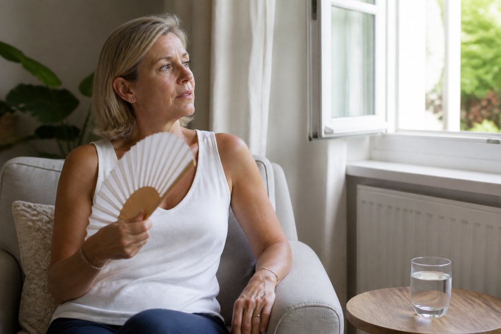A woman in her fifties sitting calmly by an open window in a bright living room, fanning herself gently with a hand fan, a glass of water on the side table beside her