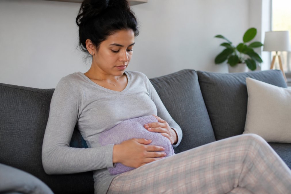 Woman applying a warm heating pad to her lower abdomen while seated comfortably on a couch, showing proper placement and relaxed posture with soft natural lighting