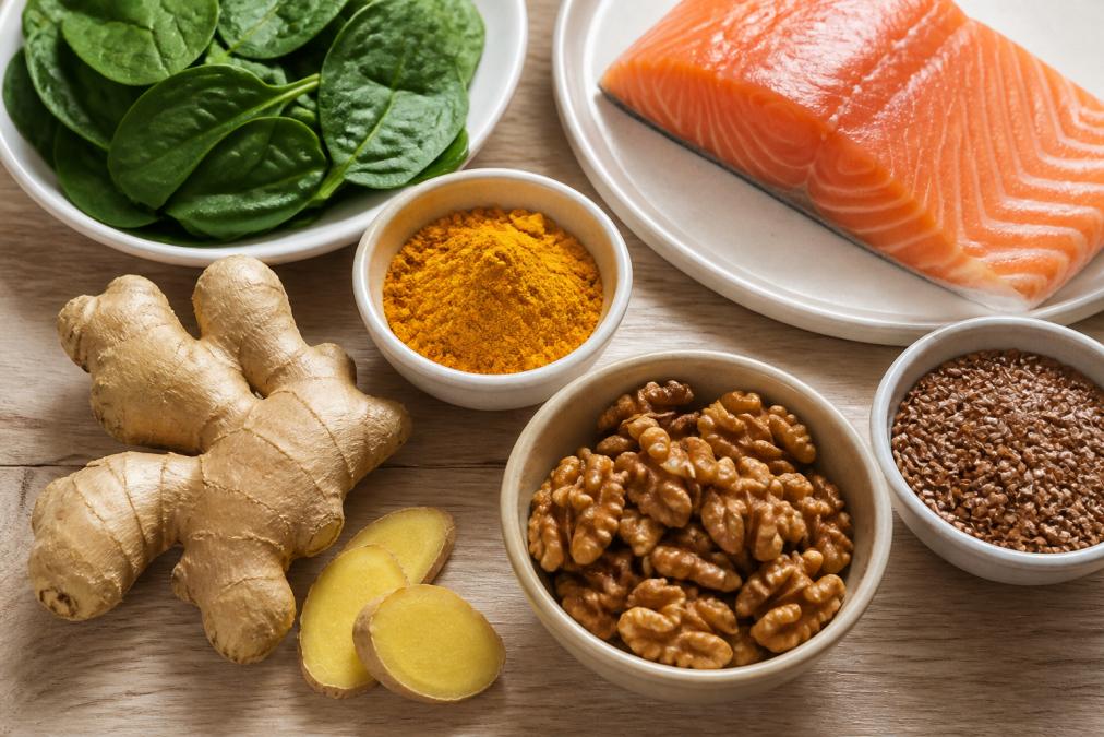 Flat-lay arrangement of anti-inflammatory foods including fresh ginger root, turmeric powder in a small bowl, dark leafy greens, salmon fillet, walnuts, and flaxseeds on a light wooden surface with natural window lighting