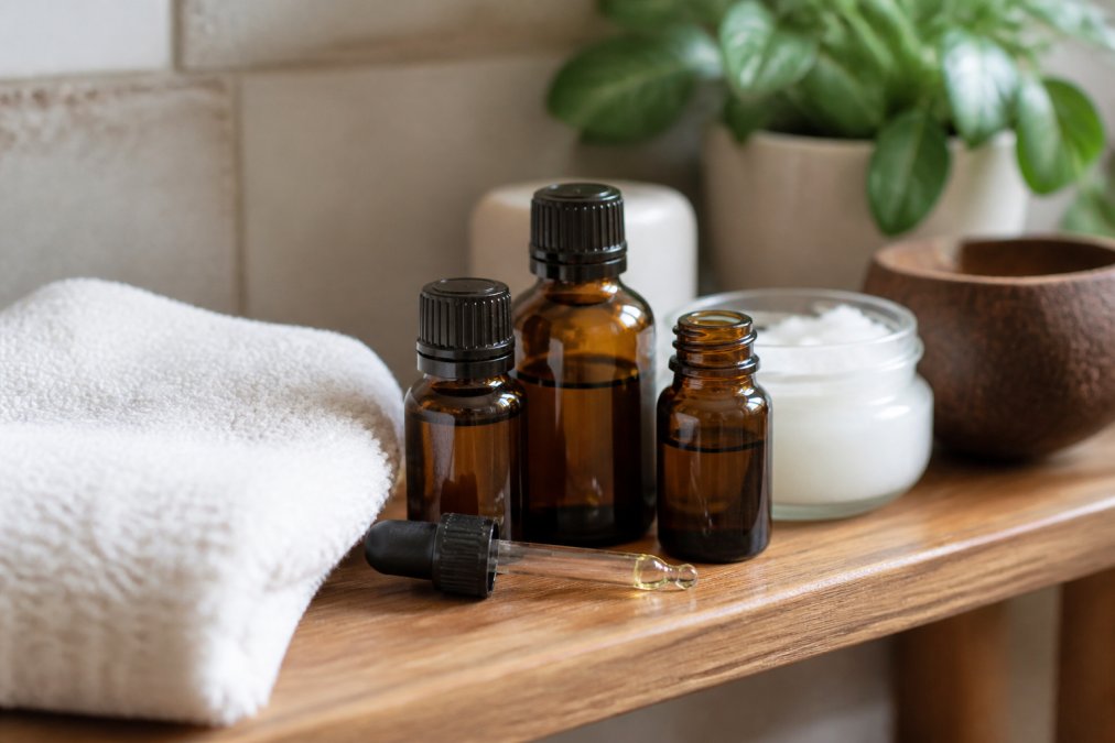 Close-up of small amber glass essential oil bottles with a dropper, a coconut oil jar, and a soft white towel arranged neatly on a wooden bathroom shelf in warm natural light