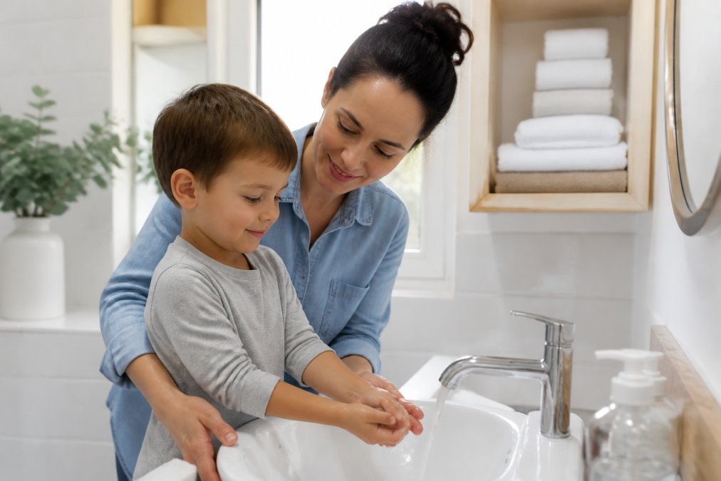 A parent gently washing a young child's hands at a bathroom sink, both looking calm and relaxed, with neatly folded clean towels visible in the background
