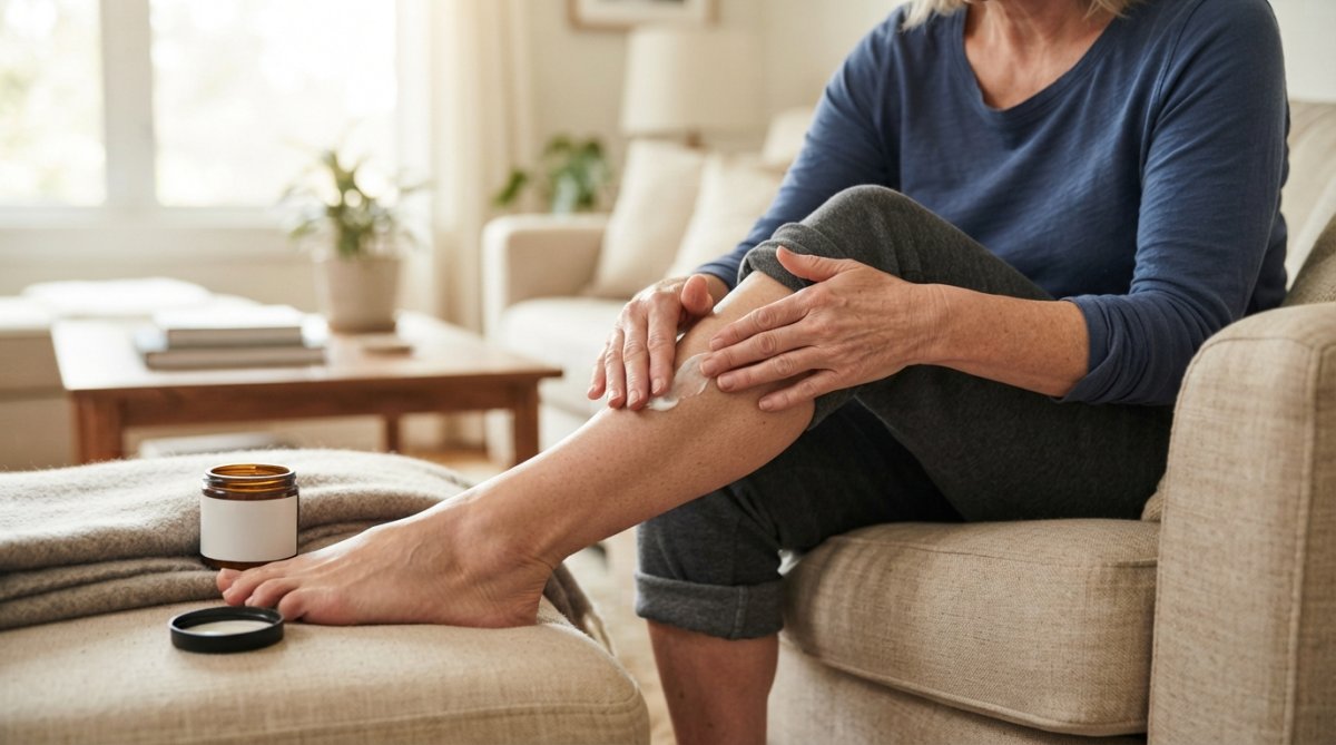Close-up of hands applying a topical cream to the lower leg, with a person seated on a comfortable couch in soft natural lighting