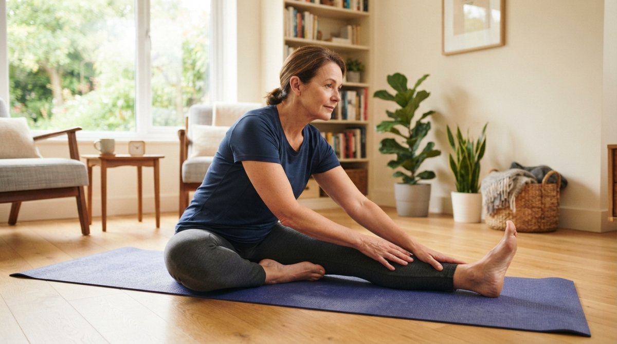 Person performing a seated hamstring stretch on a yoga mat in a bright home setting, demonstrating proper form with relaxed posture