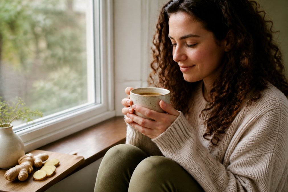 Woman holding a warm ceramic mug of ginger tea, seated by a window with natural morning light, appearing calm and comfortable