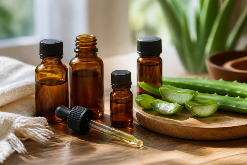 Close-up of small amber glass bottles of essential oils arranged on a wooden surface alongside a glass dropper and fresh aloe vera leaves in soft natural window light