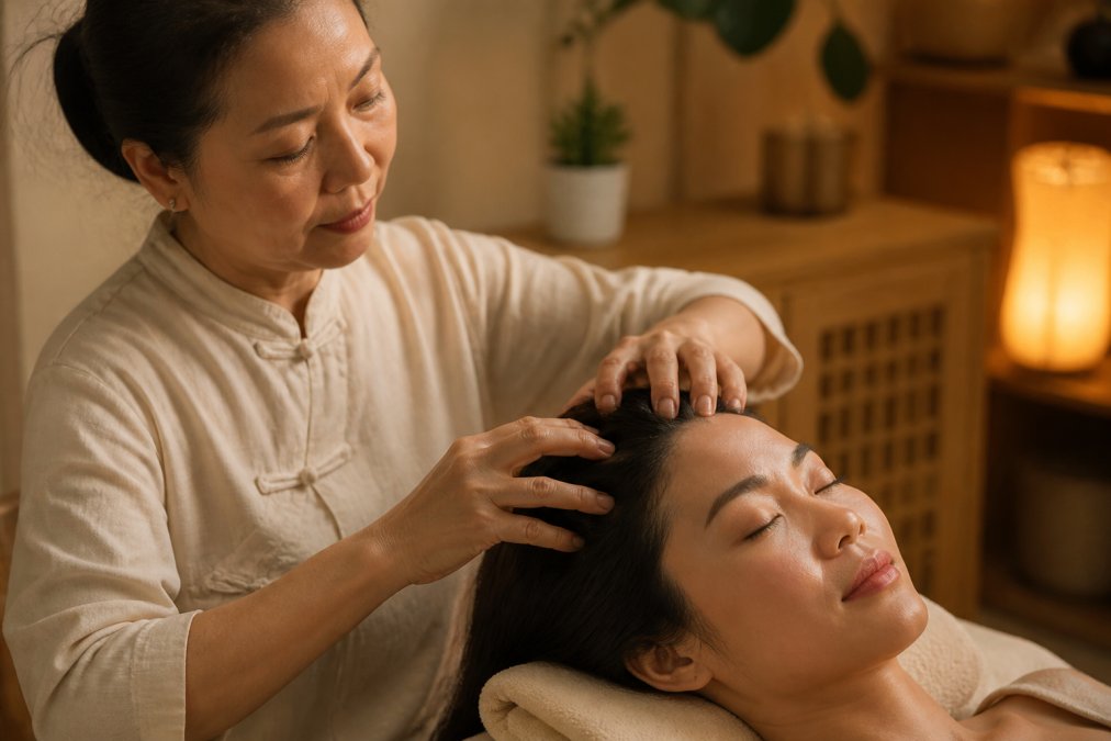 A practitioner's hands gently applying acupressure to a woman's scalp in a calm, softly lit holistic wellness treatment room with natural wood decor and soft ambient lighting