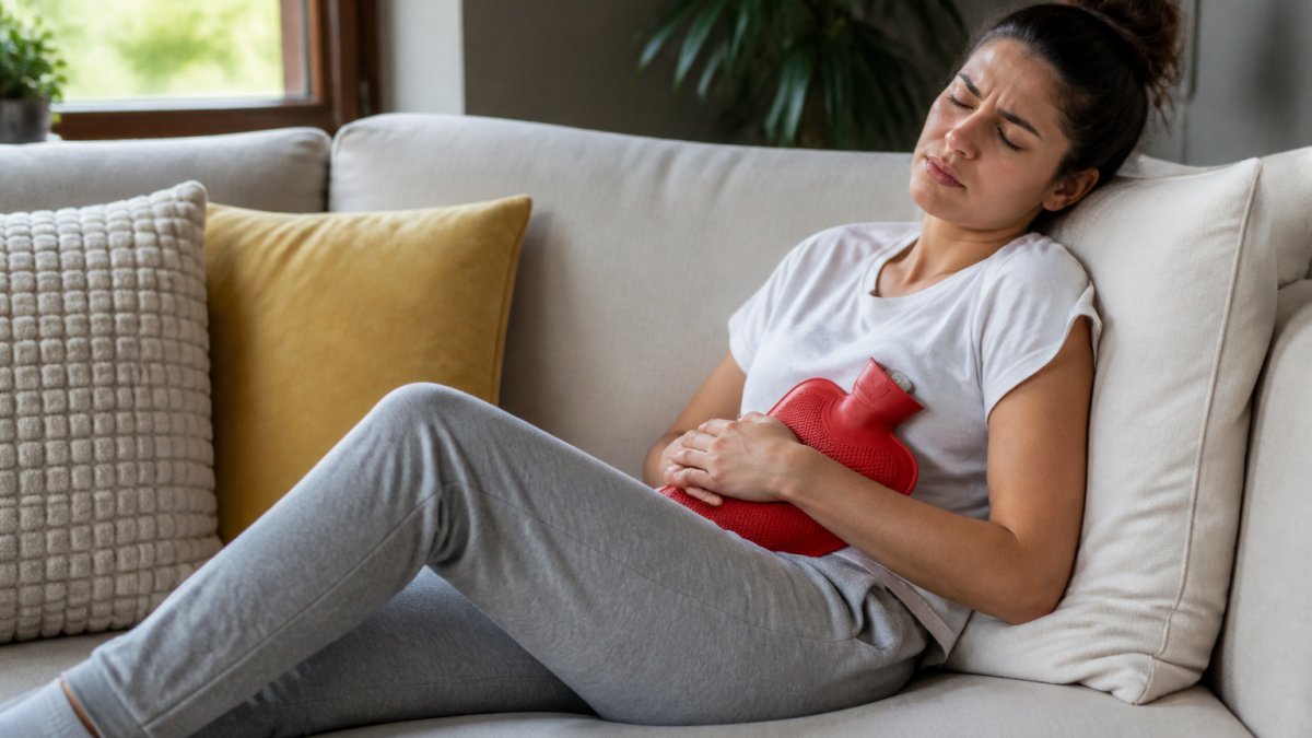 Woman applying a heat pack to her lower abdomen while sitting comfortably on a couch with cushions around her, natural afternoon light from window