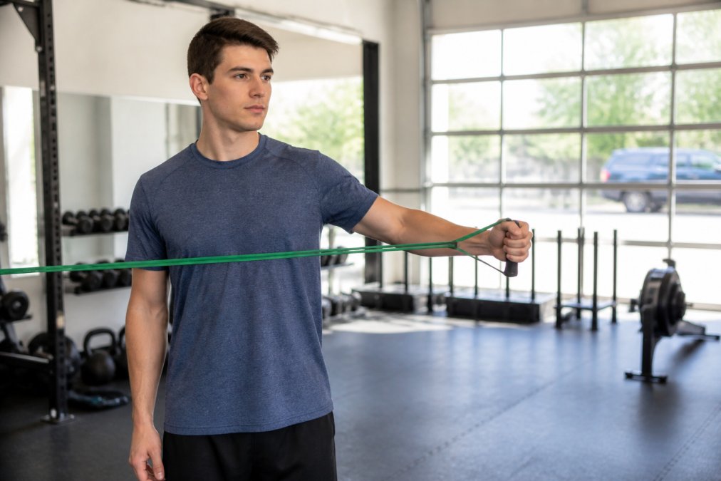 Athlete performing resistance band external rotation exercise for shoulder impingement in a bright gym with natural window light