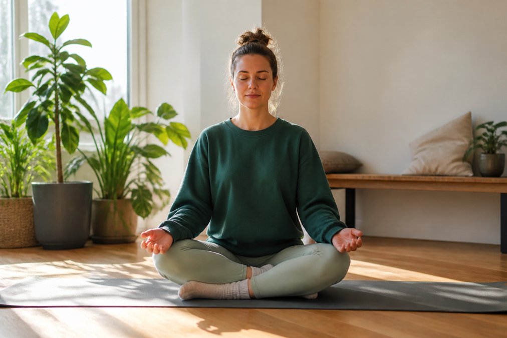 Woman sitting in a grounding meditation pose on a yoga mat for stress relief in a sunlit room