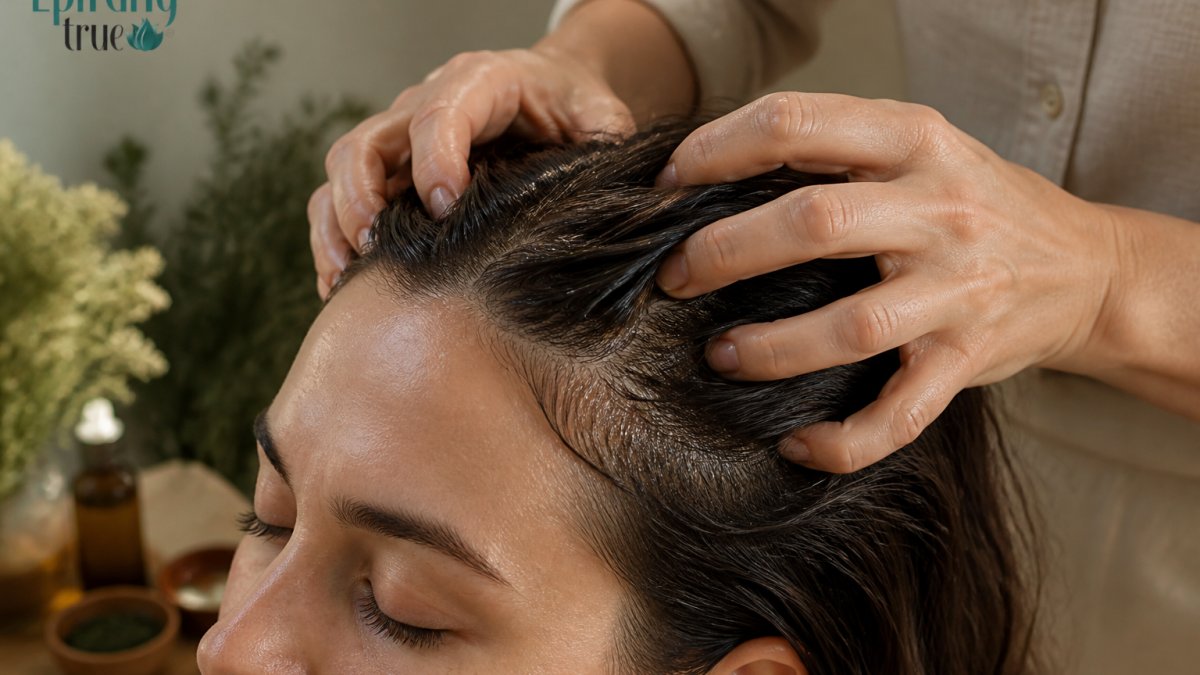 Close-up of hands gently massaging scalp with natural oil, showing soothing circular motions with soft, warm lighting