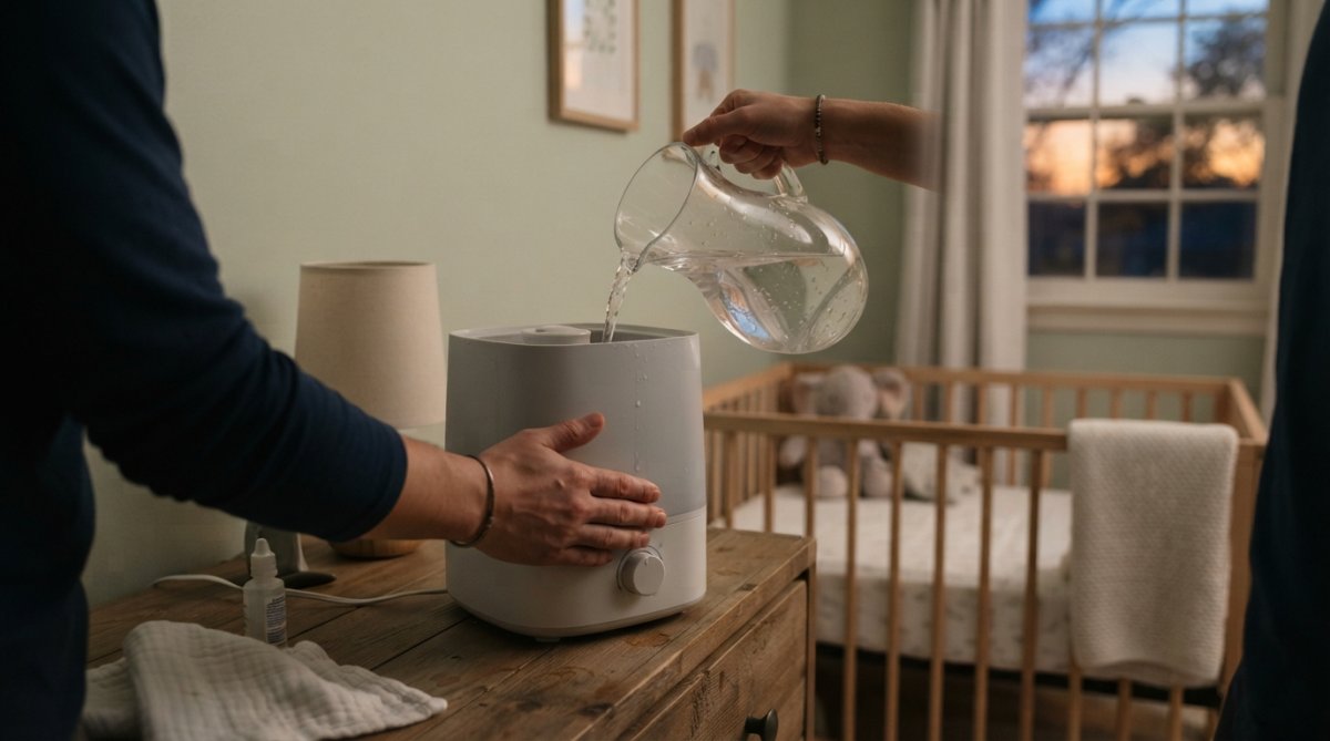 A parent's hands filling a cool-mist humidifier with water in a softly lit nursery, a toddler's crib visible in the background, warm evening light through the window