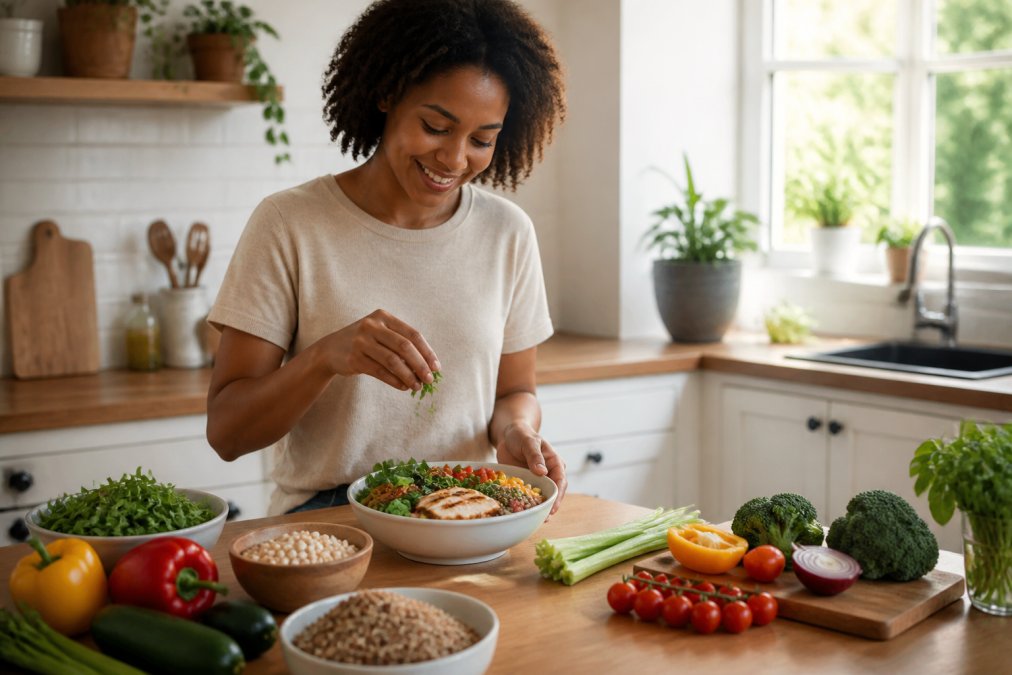 Person preparing a healthy meal with fresh vegetables, whole grains, and proteins in a bright kitchen with natural light streaming through windows