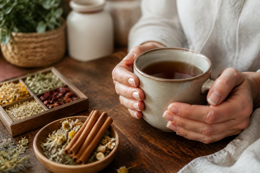 A close-up of a steaming cup of herbal tea with cinnamon sticks and loose herbs beside it on a wooden kitchen table, warm natural light, a person's hands gently holding the mug