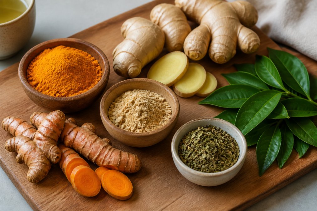 Fresh turmeric, ginger, and green tea on a wooden board to help reduce chronic inflammation naturally.