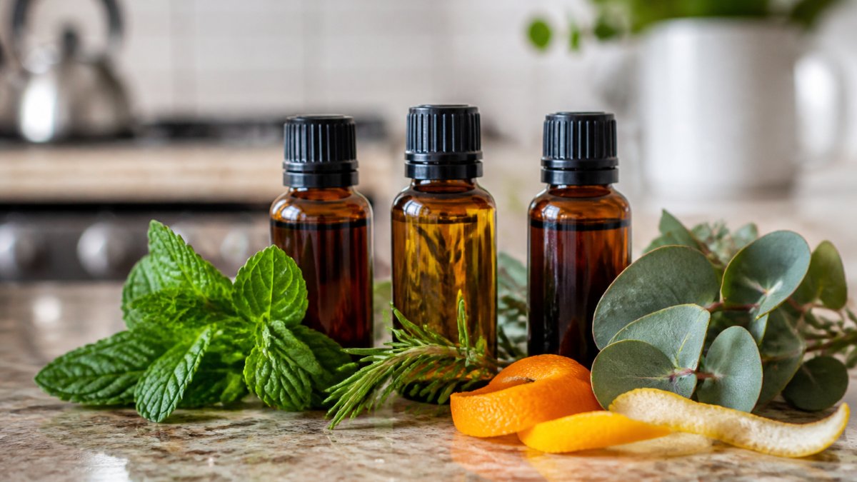 Close-up of essential oil bottles (peppermint, tea tree, eucalyptus) arranged on a kitchen counter with fresh herbs and citrus peels nearby