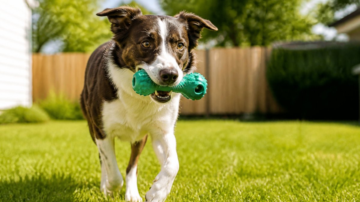 Infographic illustrating the durability testing process of natural rubber pet toys during active outdoor play