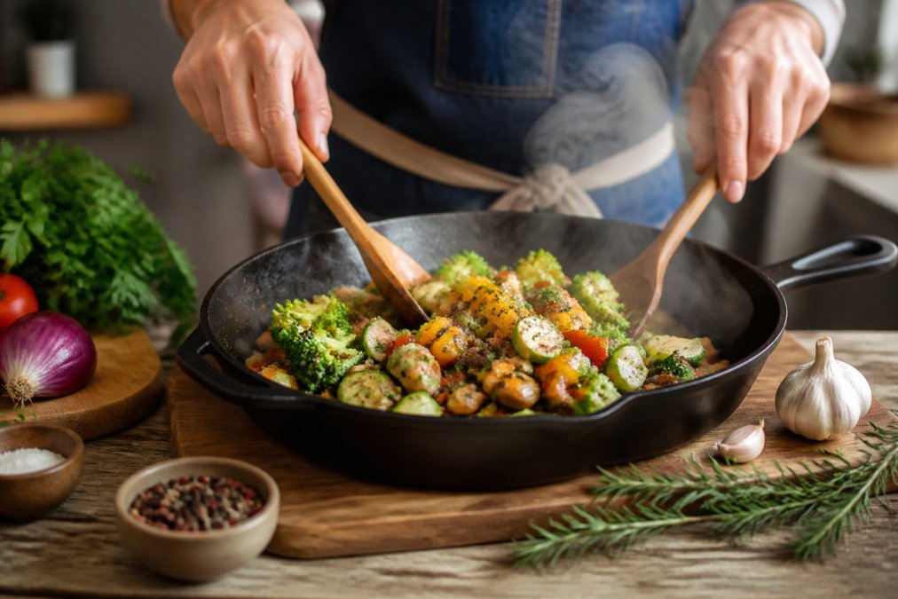 Hands tossing fresh mixed vegetables with aromatic spices in a cast iron skillet on a kitchen counter, steam rising, with whole garlic cloves and fresh rosemary sprigs nearby
