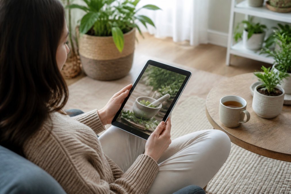 Person sitting comfortably in a bright home environment with soft natural lighting, holding a tablet displaying a wellness ebook, surrounded by plants and a warm cup of tea on a nearby table