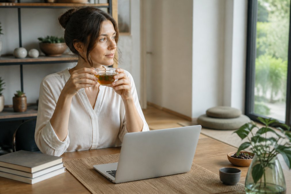Person at a peaceful desk with a laptop open, holding a warm cup of herbal tea, with meditation cushions visible in the background and soft natural window lighting creating a calm atmosphere