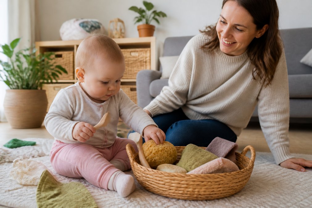 A baby sitting on a soft play mat, exploring a woven basket filled with wooden spoons, fabric scraps, and natural sponges while a parent watches nearby in a bright, cosy living room