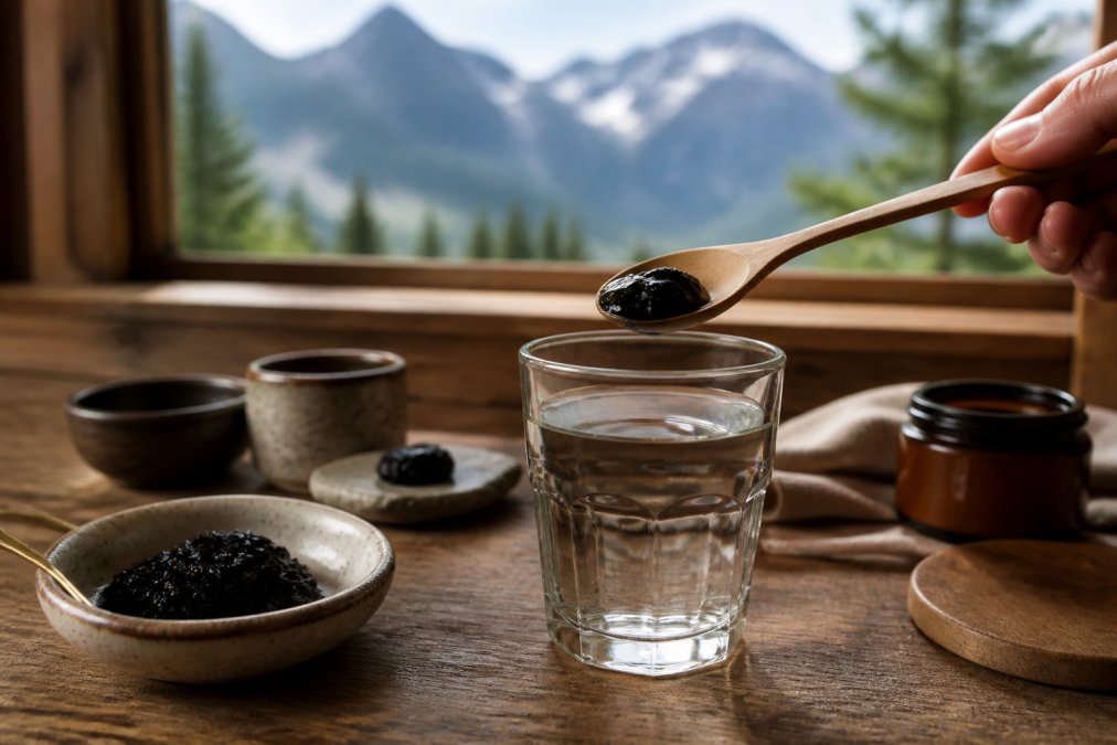 A close-up of a wooden spoon holding a small amount of dark, glossy shilajit resin above a glass of warm water on a rustic wooden table, with soft natural light and a blurred mountain backdrop through a window