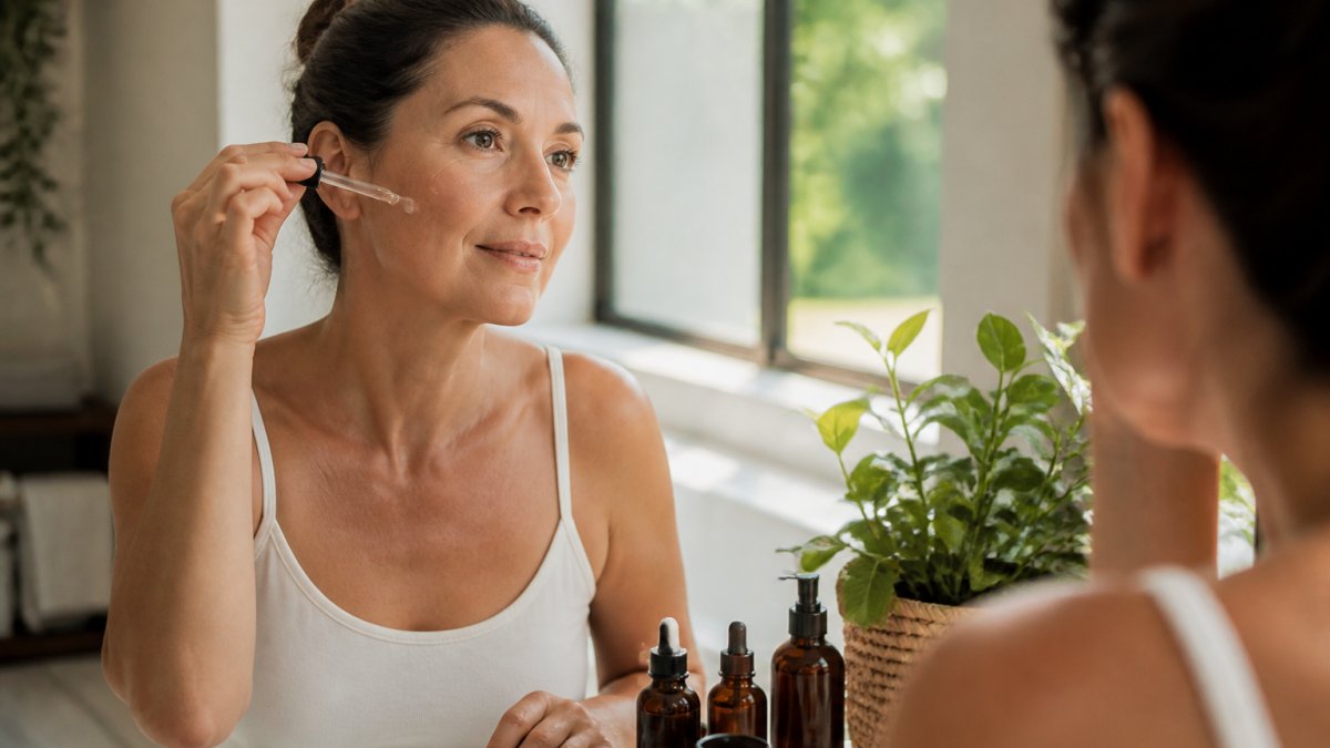 A woman in her forties applying serum to her face at a bathroom mirror in soft morning light, with a few amber glass skincare bottles and a green plant on the counter beside her