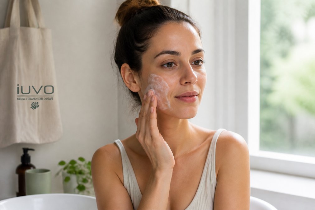 A close-up of a woman gently applying a natural face wash to her cheek with her fingertips in a softly lit bathroom, natural daylight through a window, calm and careful expression