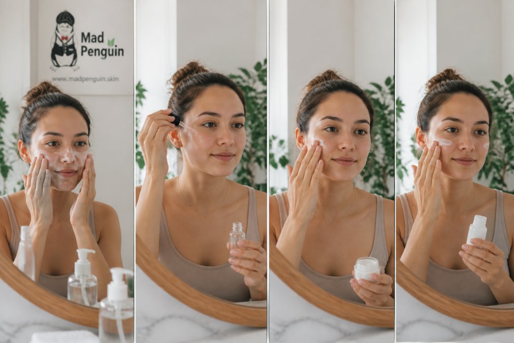 Person applying natural skincare products in sequence on their face, showing cleansing, treating, moisturizing, and sun protection steps in a bright bathroom with natural lighting