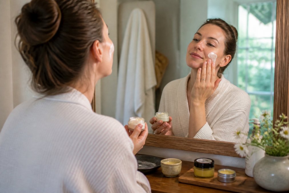 Woman applying a creamy natural moisturizer to her face at a bathroom vanity, with small artisan jars and a beeswax balm tin visible on the counter
